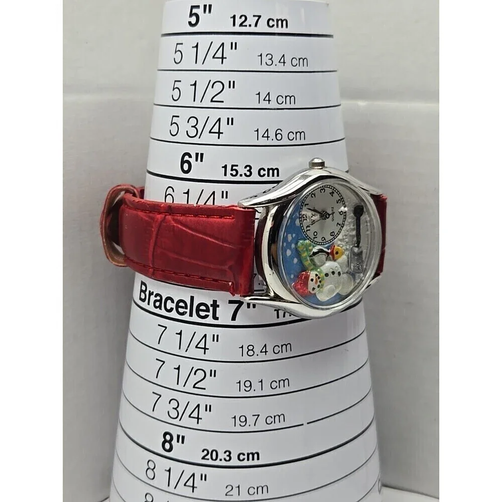 WYL Snowman Christmas Quartz Watch Red Leather Strap Novelty New Battery USA 3D